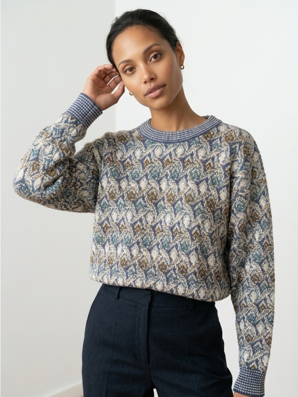Vintage Arnold Palmer Sweater Geometric Knit USA Blue Cream Brown 70s 80s